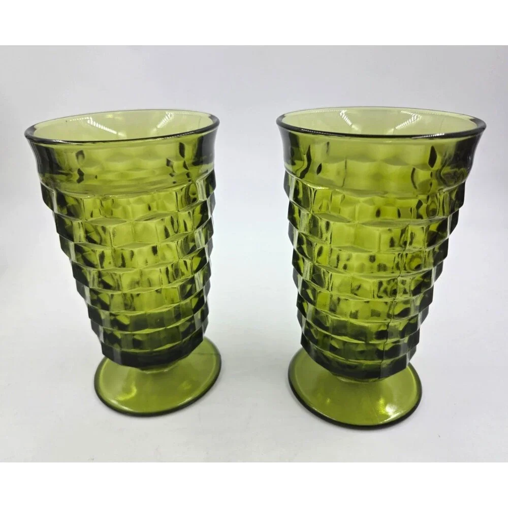 2 Vintage Avocado Green Indiana Glass Whitehall Colony Cubist 6” Footed Tumblers